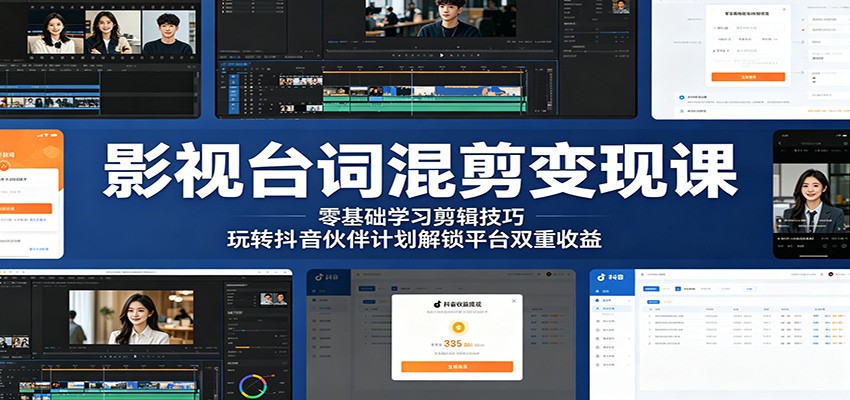 影视台词混剪变现课:零基础学习剪辑技巧,玩转抖音伙伴计划解锁平台双重收益-青禾学社