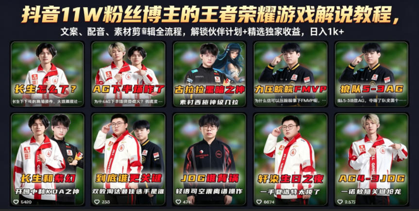 抖音11W粉丝博主的王者荣耀游戏解说教程，文案、配音、素材剪辑全流程，解锁伙伴计划+精选独家收益，日入1k+-青禾学社