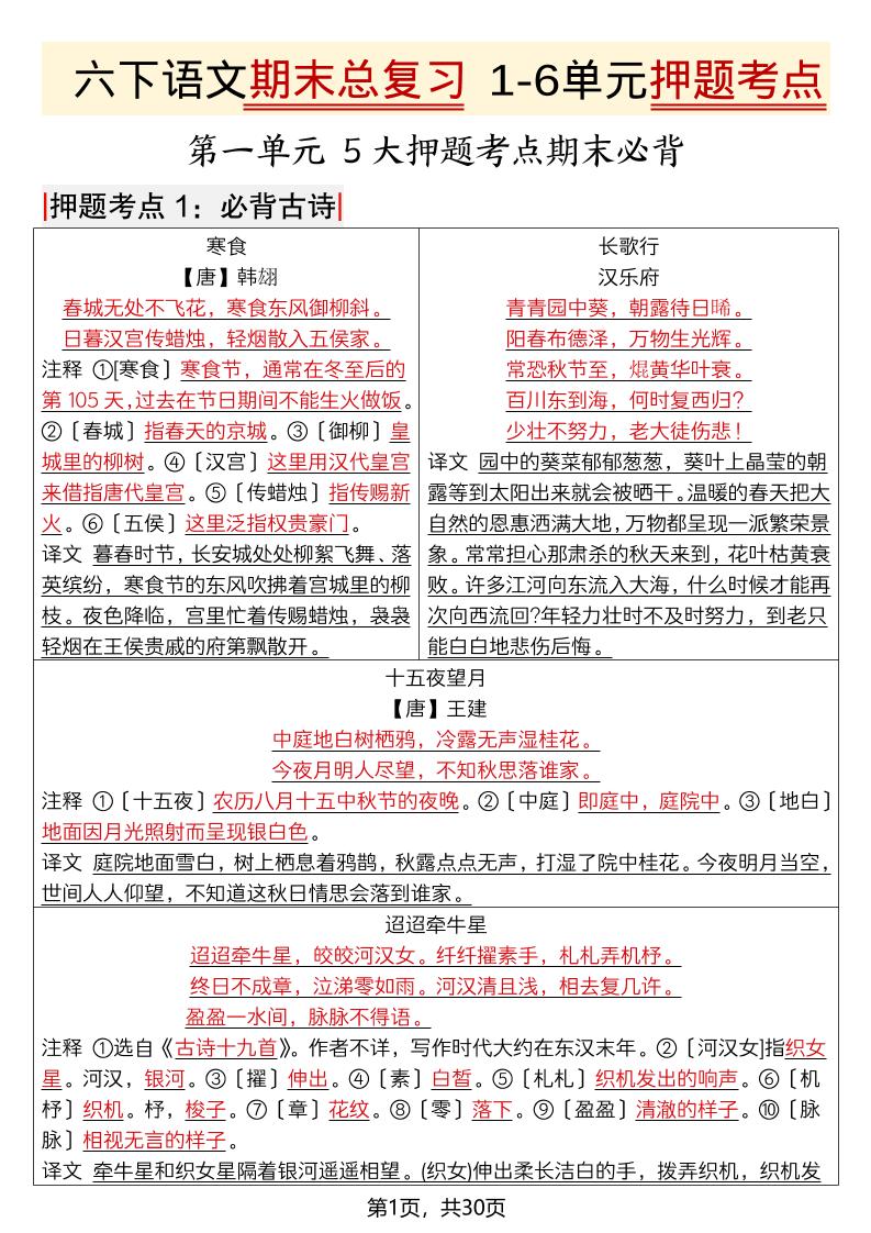 六年级下语文期末总复习1-6单元押题考点-青禾学社