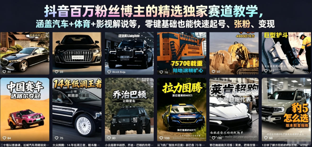 抖音百万粉丝博主的精选独家赛道教学,涵盖汽车+体育+影视解说等,零基础也能快速起号、涨粉、变现-青禾学社