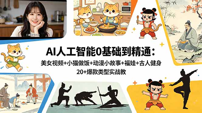 AI人工智能0基础到精通:美女视频+小猫做饭+动漫小故事+福娃+古人健身,20+爆款类型实战教学-青禾学社