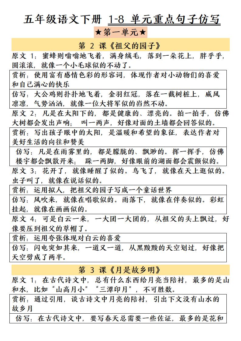 五年级下语文1-8单元重点句子仿写-青禾学社