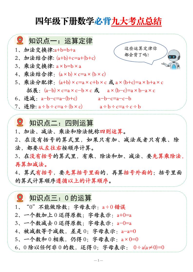 四年级下数学必背九大考点总结-青禾学社