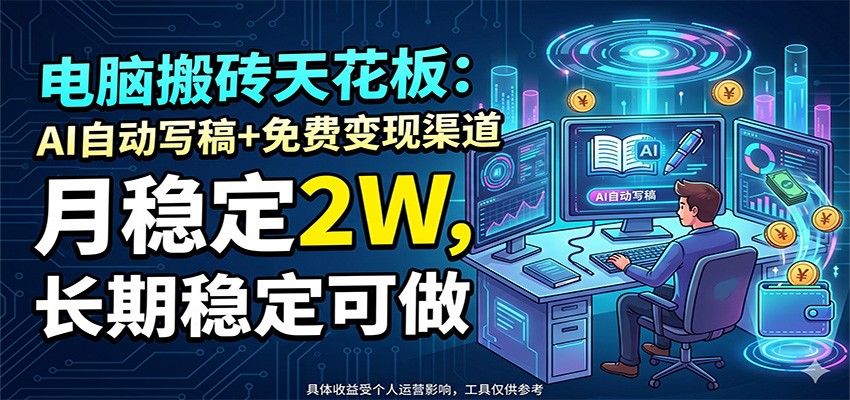 电脑搬砖天花板：AI自动写稿+免费变现渠道，月稳定2W，长期稳定可做-青禾学社