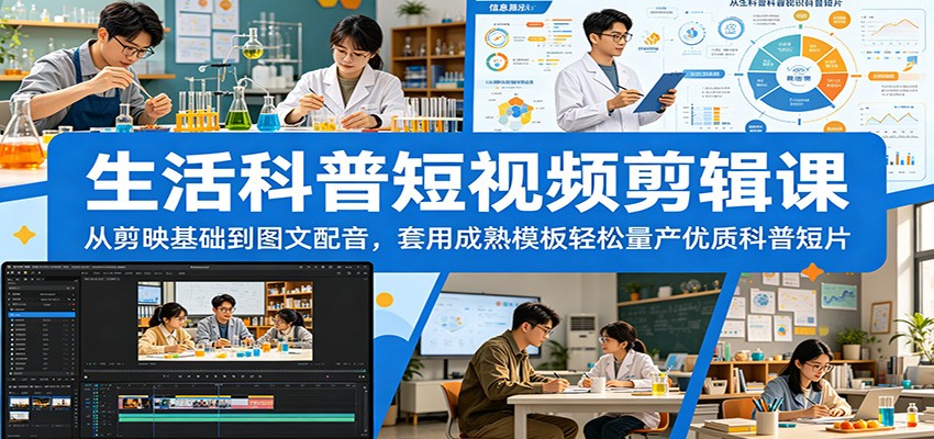 生活科普短视频剪辑课：从剪映基础到图文配音，套用成熟模板轻松量产优质科普短片-青禾学社