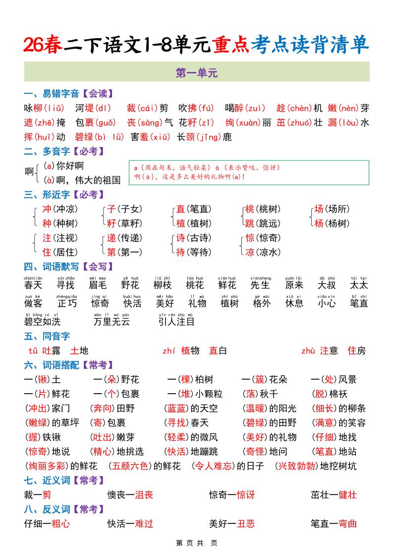 二年级下语文1-8单元重点考点读背清单-青禾学社