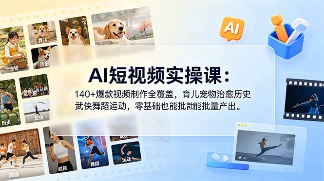 AI短视频实操课：140+爆款视频制作全覆盖，育儿宠物治愈历史武侠舞蹈运动，零基础也能批量产出-青禾学社