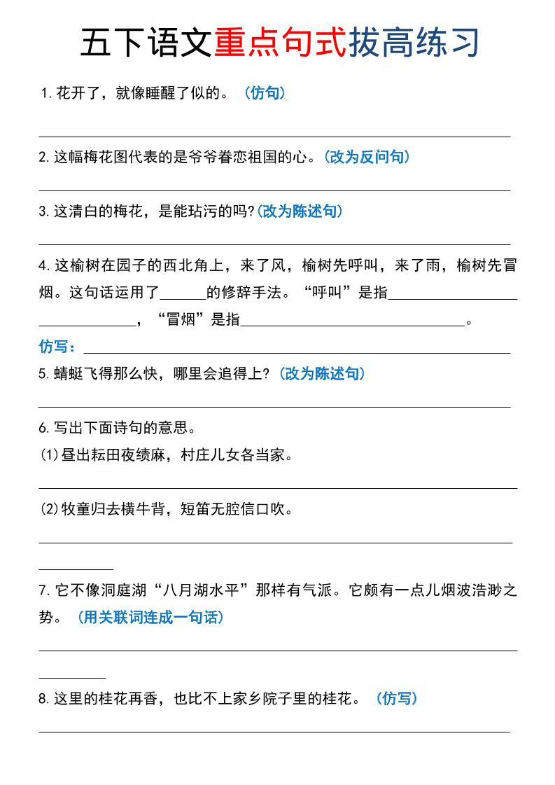 五年级下语文《重点句式》拔高练习-青禾学社