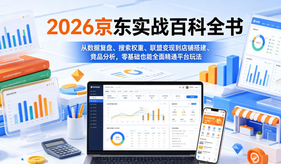2026京东实战百科全书，从数据复盘、搜索权重、联盟变现到店铺搭建、竞品分析，零基础也能全面精通平台玩法-青禾学社