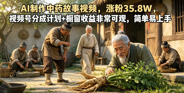 AI制作中药故事视频，涨粉35.8W，视频号分成计划+橱窗收益非常可观，简单易上手-青禾学社