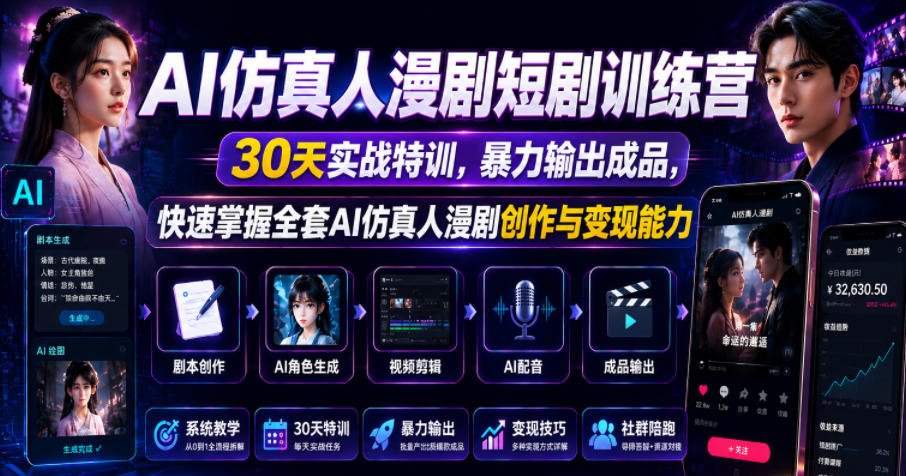 AI仿真人漫剧短剧训练营，30天实战特训，暴力输出成品，快速掌握全套AI仿真人漫剧创作与变现能力-青禾学社