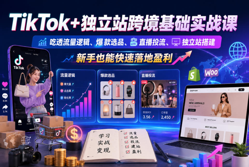 TikTok+独立站跨境基础实战课,吃透流量逻辑、爆款选品、直播投流与独立站搭建,新手也能快速落地盈利-青禾学社