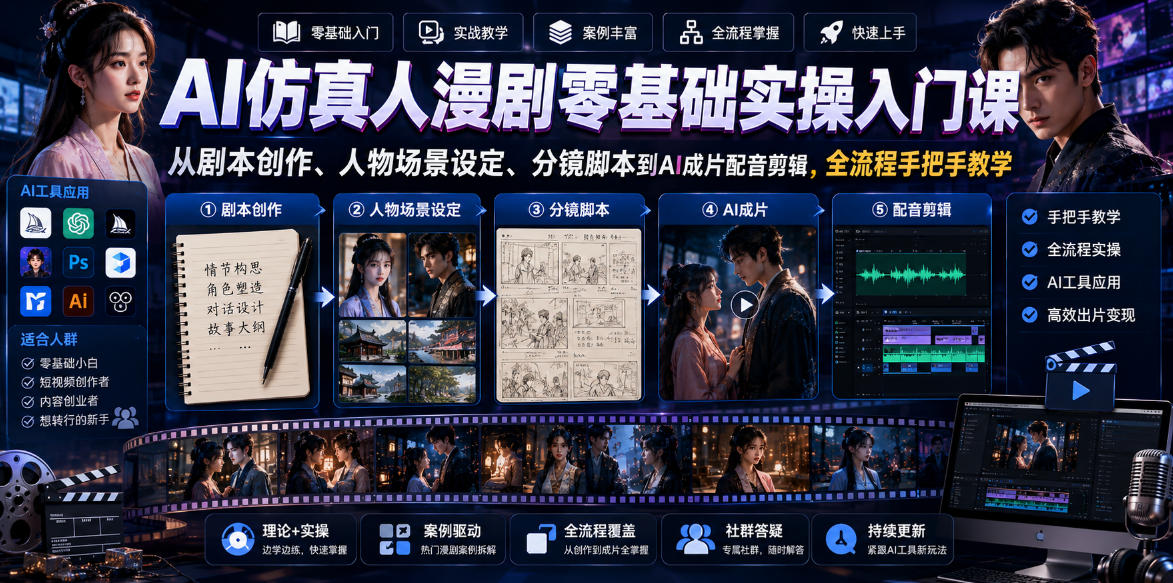AI仿真人漫剧零基础实操入门课，从剧本创作、人物场景设定、分镜脚本到AI成片配音剪辑，全流程手把手教学-青禾学社