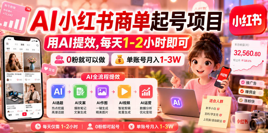 AI小红书商单起号项目，用AI提效,每天1-2小时即可，0粉就可以做，单账号月入1-3W-青禾学社
