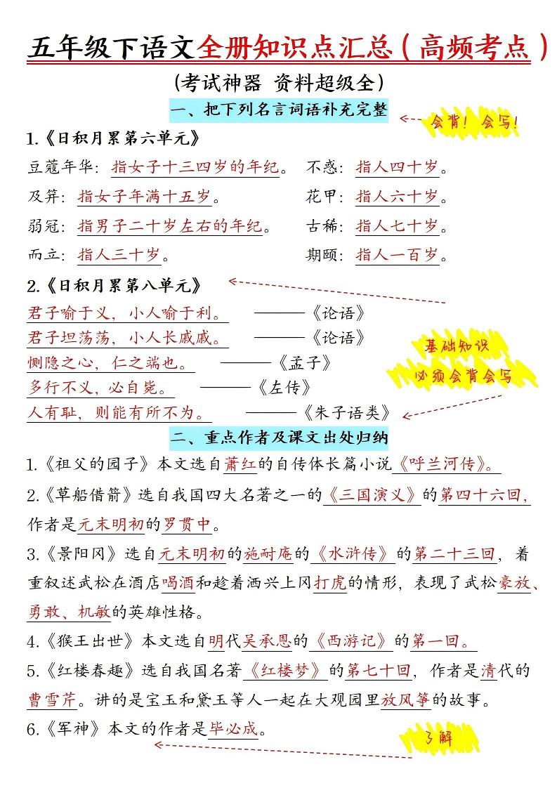五年级下语文期末全册知识点汇总高频考点-青禾学社