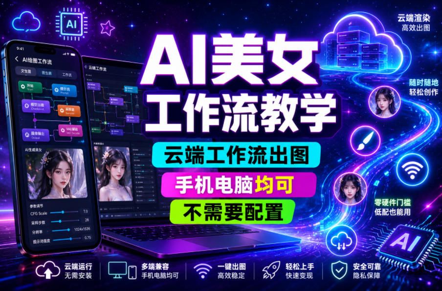 AI美女工作流教学，云端工作流出图，手机电脑均可，不需要配置，快速起号涨粉-青禾学社