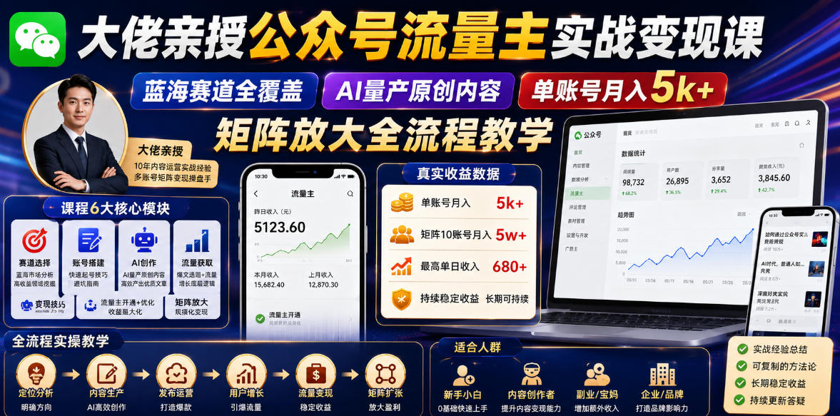 大佬亲授公众号流量主实战变现课,蓝海赛道全覆盖,AI量产原创内容,单账号月入5k+矩阵放大全流程教学-青禾学社