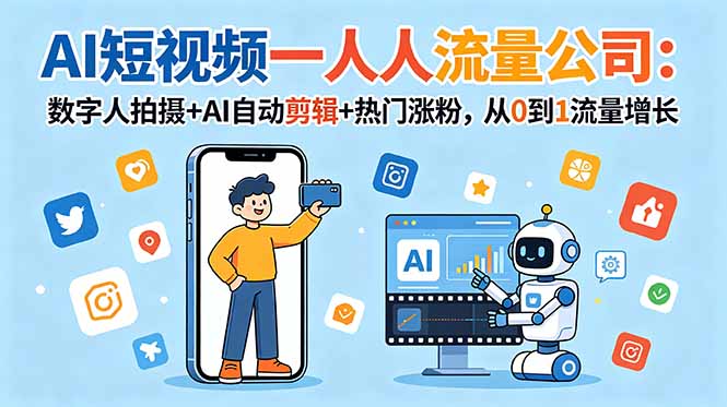 AI短视频一人流量公司:数字人拍摄+AI自动剪辑+热门涨粉,从0到1流量增长-青禾学社