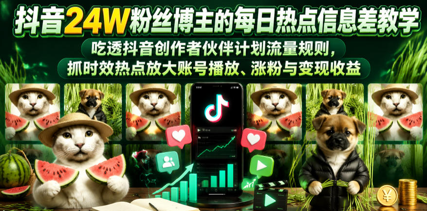 抖音24W粉丝博主的每日热点信息差教学，吃透创作者伙伴计划流量规则，抓时效热点放大账号播放、涨粉与变现收益(更新)-青禾学社