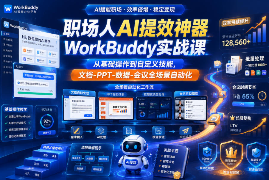 职场人AI提效神器WorkBuddy实战课,从基础操作到自定义技能,文档-PPT-数据-会议全场景自动化-青禾学社