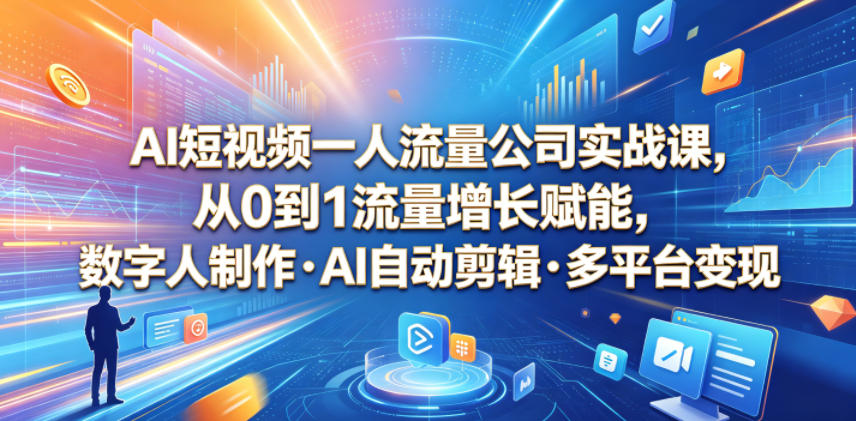 AI短视频一人流量公司实战课,从0到1流量增长赋能,数字人制作・AI自动剪辑・多平台变现,一人做流量生意全落地教程-青禾学社