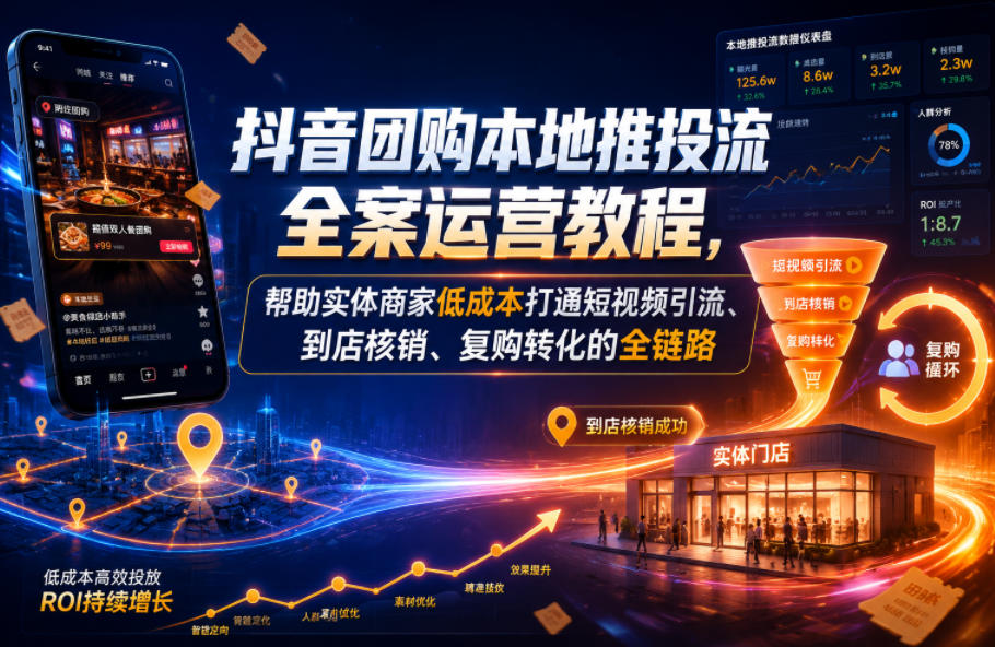 抖音团购本地推投流全案运营教程，帮助实体商家低成本打通短视频引流、到店核销、复购转化的全链路-青禾学社