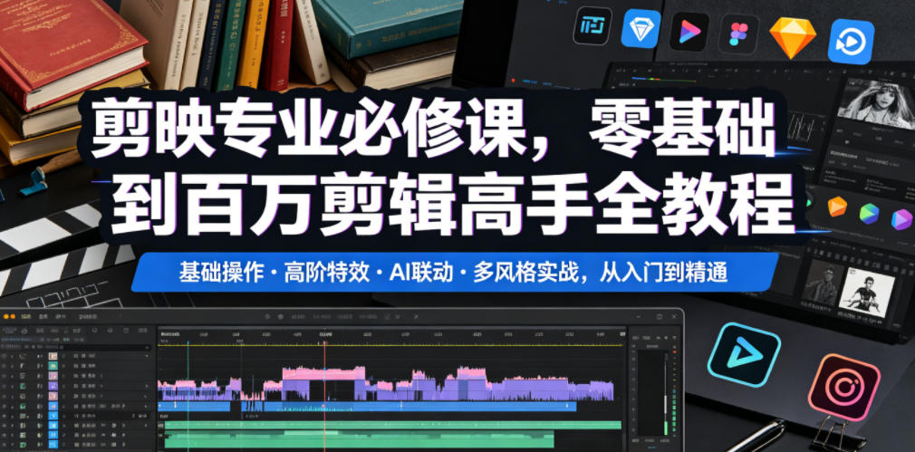 剪映专业必修课,零基础到百万剪辑高手全教程,基础操作・高阶特效・AI联动・多风格实战,从入门到精通-青禾学社