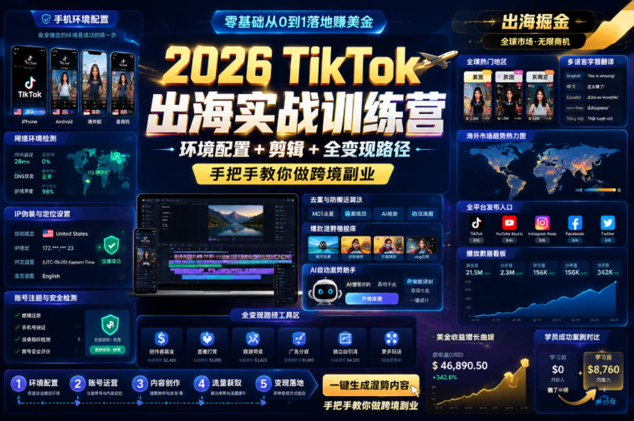2026 TikTok出海实战训练营，环境配置 + 剪辑 + 全变现路径，手把手教你做跨境副业-青禾学社