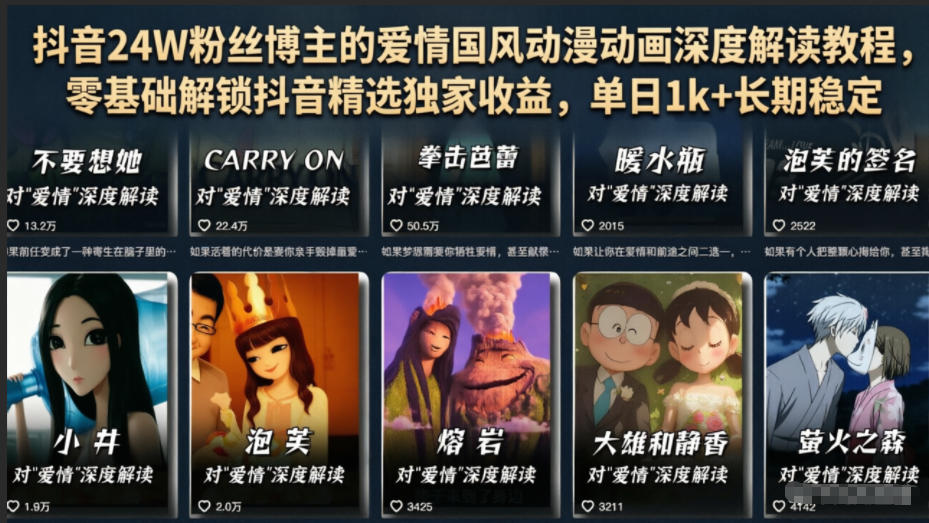 抖音24W粉丝博主的爱情国风动漫动画深度解读教程，零基础解锁抖音精选独家收益，单日1k+长期稳定-青禾学社