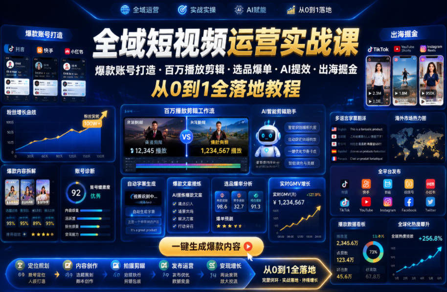 全域短视频运营实战课，爆款账号打造・百万播放剪辑・选品爆单・AI提效・出海掘金，从0到1全落地教程-青禾学社