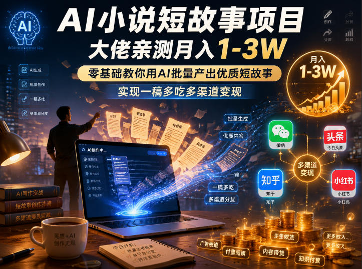 AI小说短故事项目，大佬亲测月入1-3W，零基础教你用AI批量产出优质短故事，实现一稿多吃多渠道变现-青禾学社