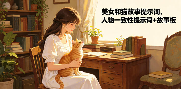 美女和猫故事提示词，人物一致性提示词+故事板-青禾学社