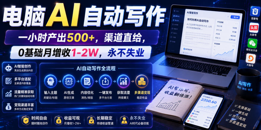 电脑AI自动写作，一小时产出500+，渠道直给，0基础月增收1-2W，永不失业【揭秘】-青禾学社
