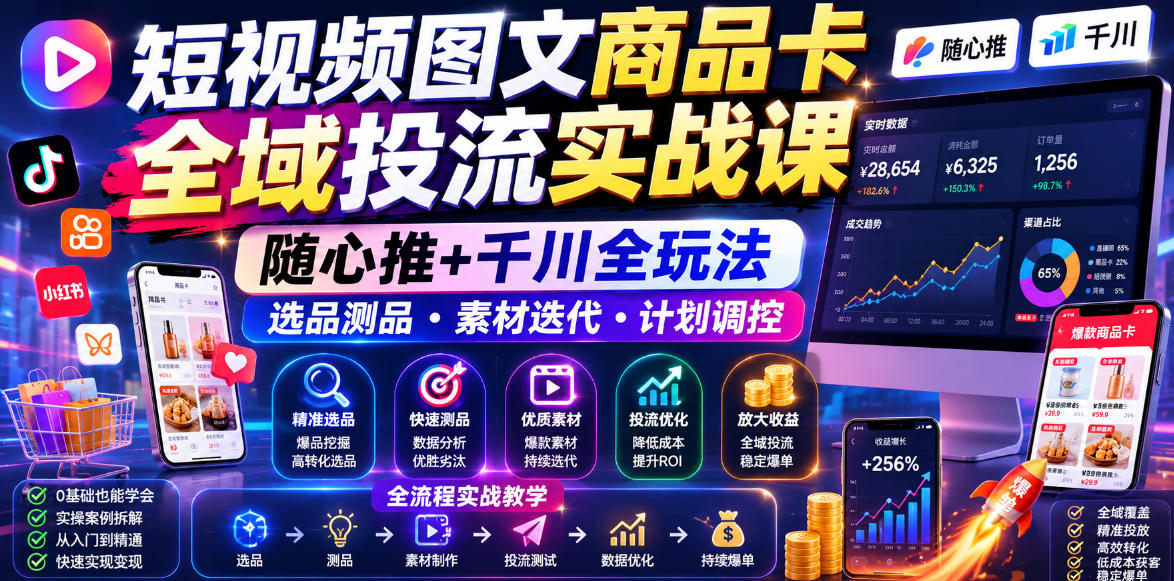 短视频图文商品卡全域投流实战课，随心推+千川全玩法，选品测品・素材迭代・计划调控，提升ROI爆单增收教程-青禾学社