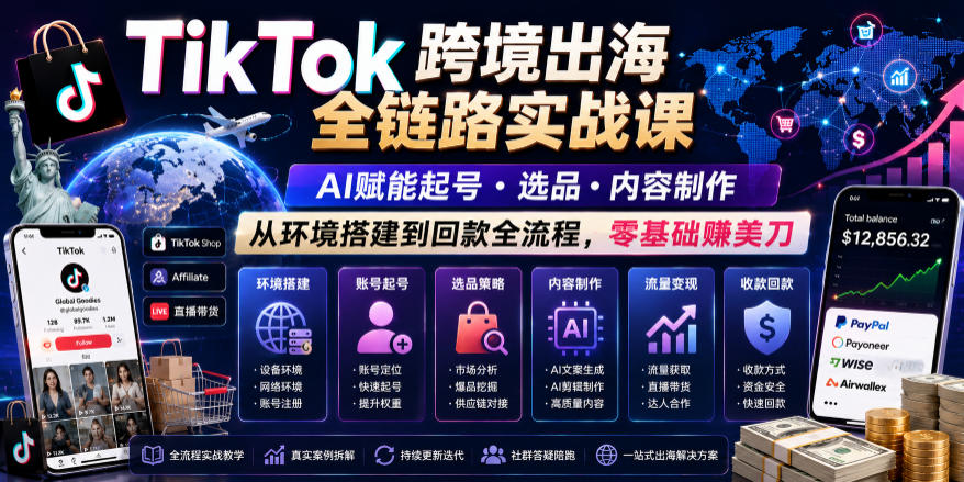 TikTok跨境出海全链路实战课，AI赋能起号・选品・内容制作，从环境搭建到回款全流程，零基础賺美刀-青禾学社