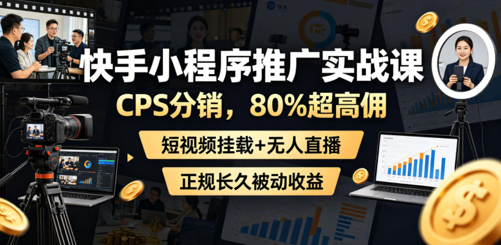 快手小程序推广实战课，CPS分销，80%超高佣，短视频挂载+无人直播，正规长久被动收益-青禾学社