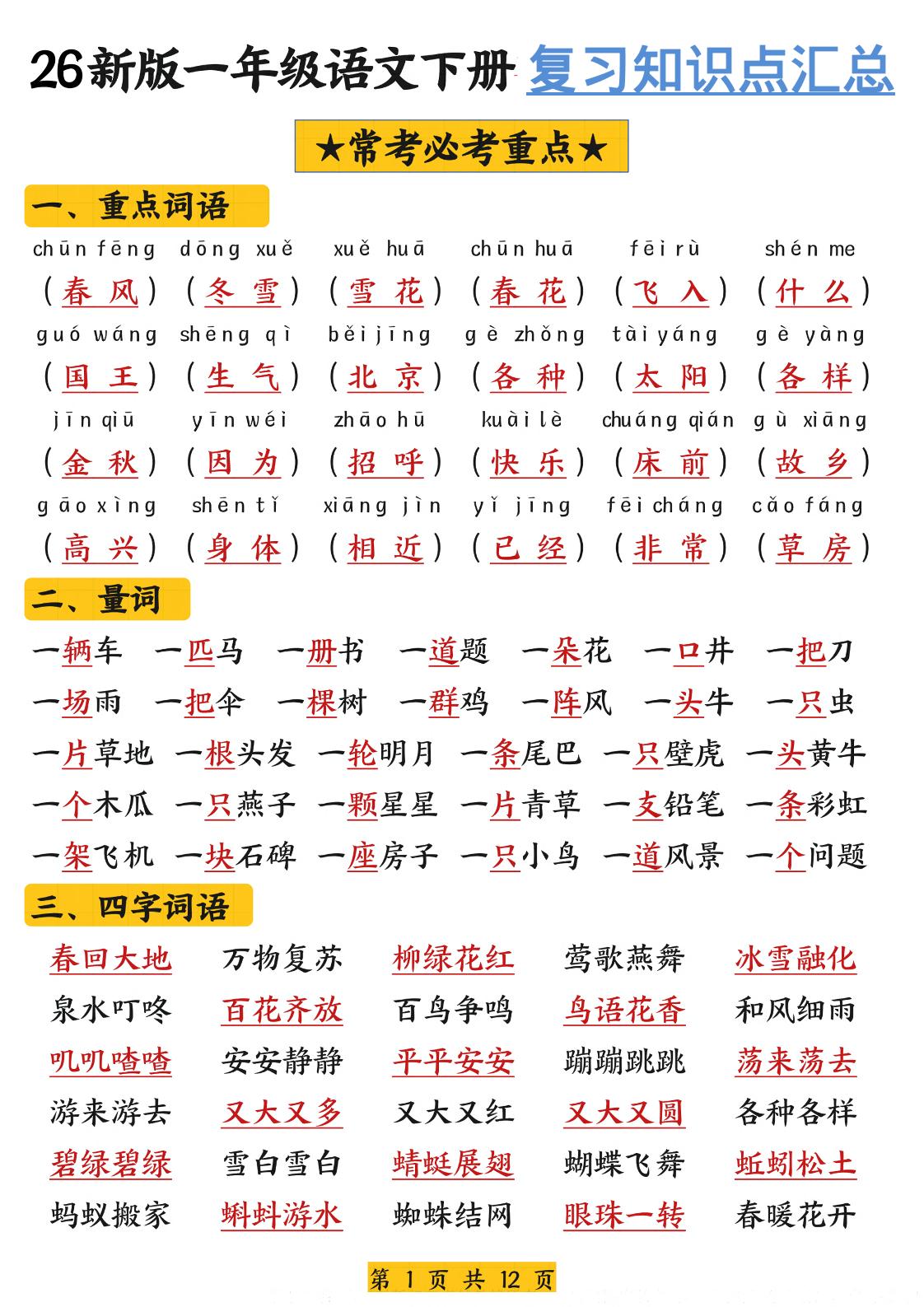 26春一年级下语文期末复习高频考点知识汇总-青禾学社