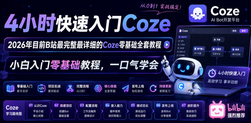 4小时快速入门Coze！2026年目前B站最完整最详细的Coze零基础全套教程，小白入门零基础教程，一口气学会！-青禾学社