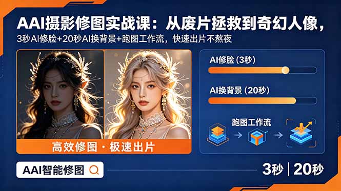 AI摄影修图实战课：从废片拯救 到 奇幻人像，3秒AI修脸+20秒AI换背景+跑图工作流，快速出片不熬夜-青禾学社