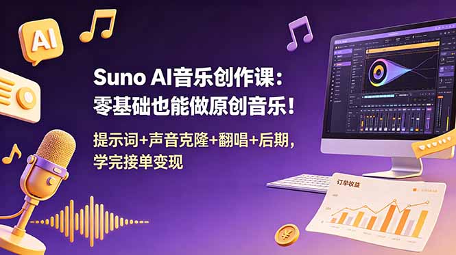 Suno AI音乐创作课：零基础也能做原创音乐！提示词+声音克隆+翻唱+后期，学完接单变现-青禾学社