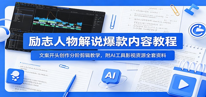 励志人物解说爆款内容教程：文案开头创作分阶剪辑教学，附AI 工具影视资源全套资料-青禾学社