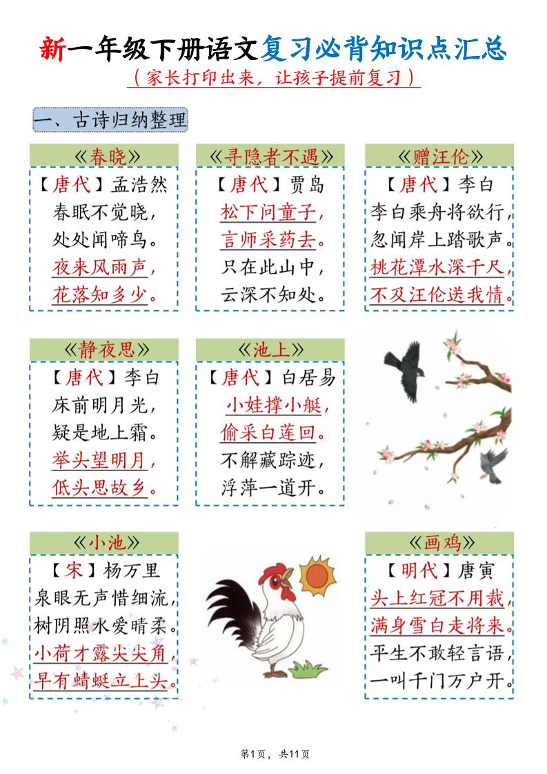 新一年级下册语文复习必背知识点汇总-青禾学社