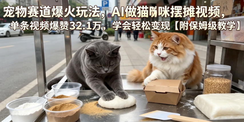 宠物赛道爆火玩法，AI做猫咪摆摊视频，单条视频爆赞32.1万，学会轻松变现【附保姆级教学】-青禾学社