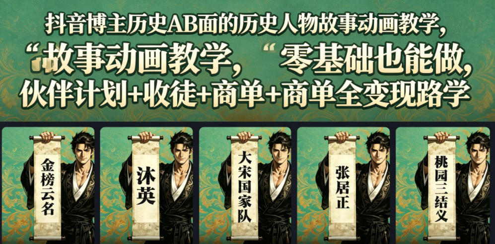 抖音博主历史AB面的历史人物故事动画教学，零基础也能做，伙伴计划+收徒+商单全变现路径教学-青禾学社