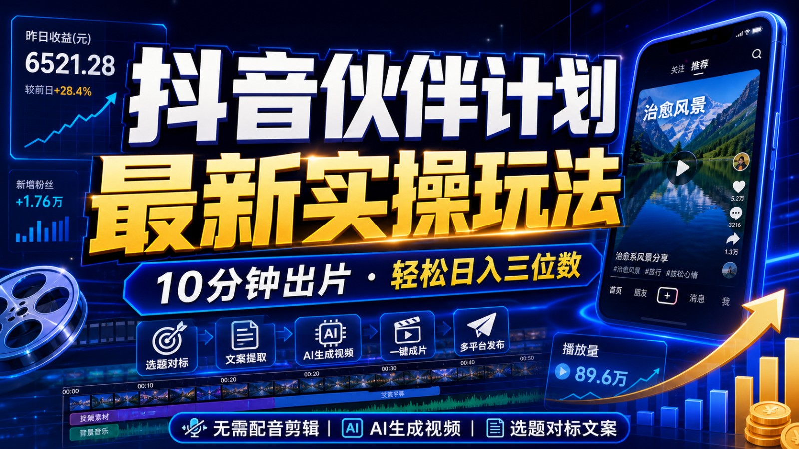 抖音伙伴计划最新暴利玩法，不用找素材和剪辑，10分钟出一条原创视频，轻松日入三位数-青禾学社
