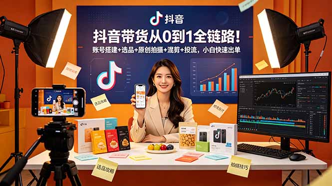 抖音带货从0到1全链路！账号搭建+选品+原创拍摄+混剪+投流，小白快速出单-青禾学社