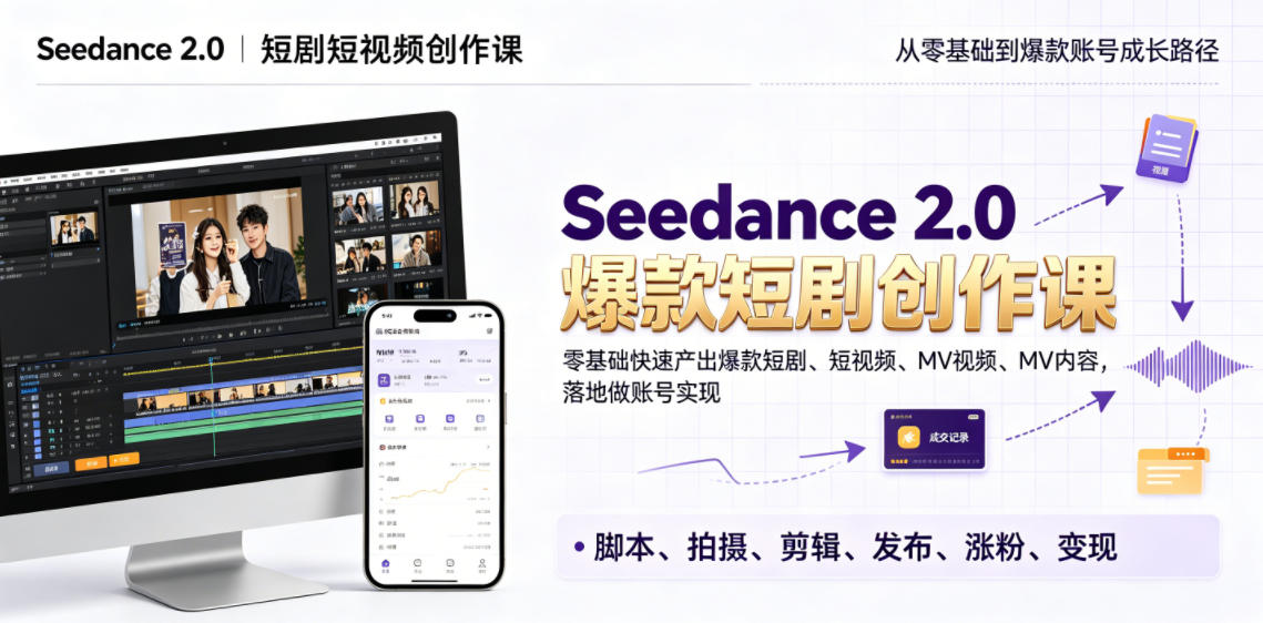 Seedance 2.0短剧短视频创作课，零基础快速产出爆款短剧、短视频、MV内容，落地做账号实现变现-青禾学社