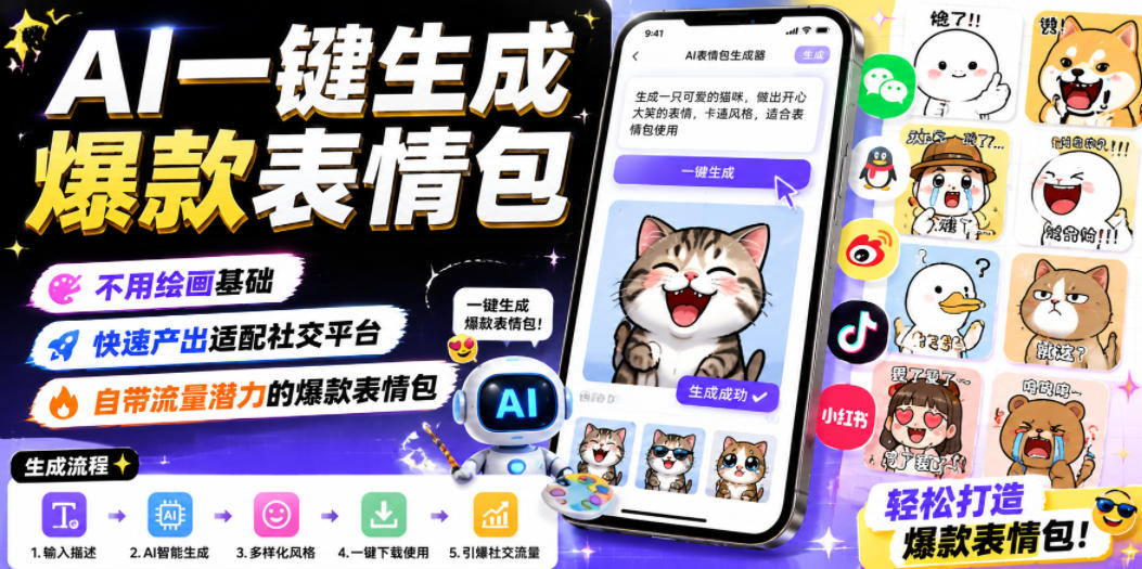 AI一键生成爆款表情包，不用绘画基础，快速产出适配社交平台，自带流量潜力的爆款表情包-青禾学社