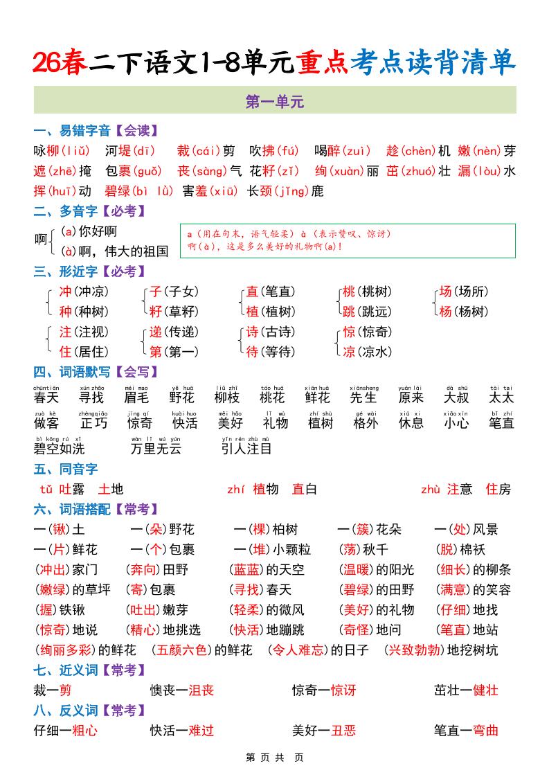 二年级下语文期末复习1-8单元重点考点读背清单-青禾学社