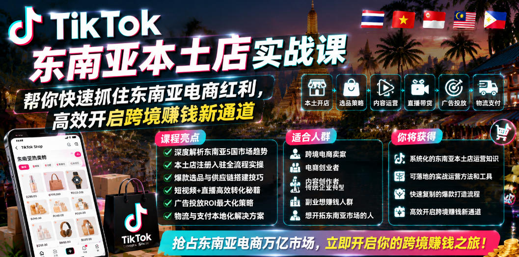 TikTok东南亚本土店实战课，帮你快速抓住东南亚电商红利，高效开启跨境賺钱新通道-青禾学社